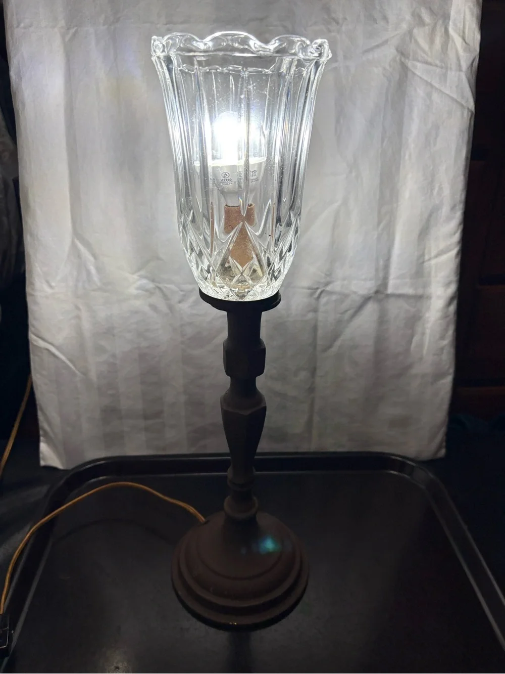 Vintage Torchiere Candlestick Table Lamp Brass Base Painted